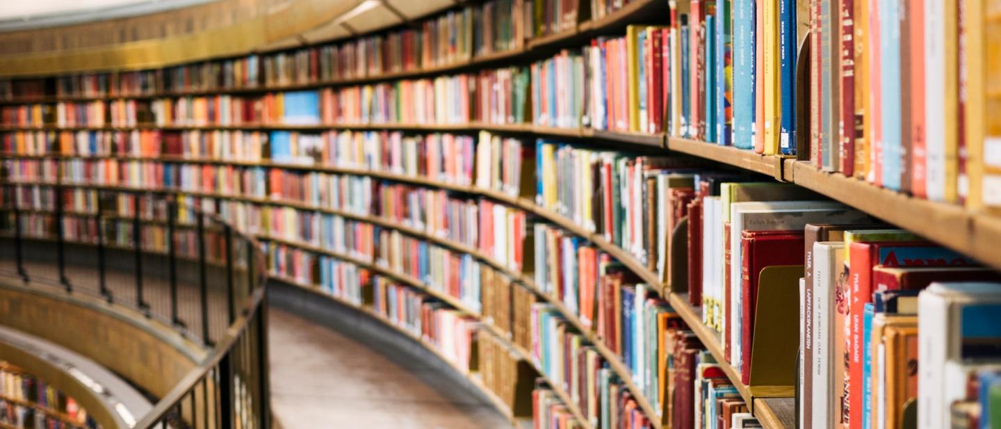 Library full of books with a curved wall overlooking a balcony